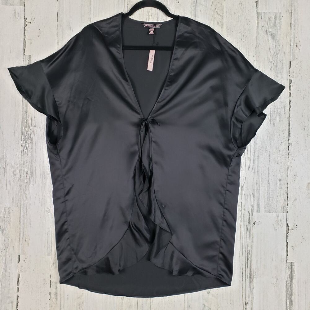 NWT Victoria's Secret Black Satin Ruffled Toe Front Short Sleeve Robe One Size